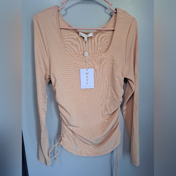 WAYF Ruched Long Sleeve Ribbed Side Tie Top Size Large NWT - Picture 2 of 7